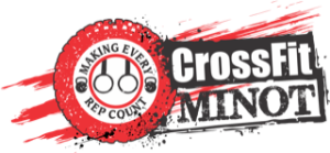 CrossFit Minot logo showing barbells inside of large red tire with red streaks
